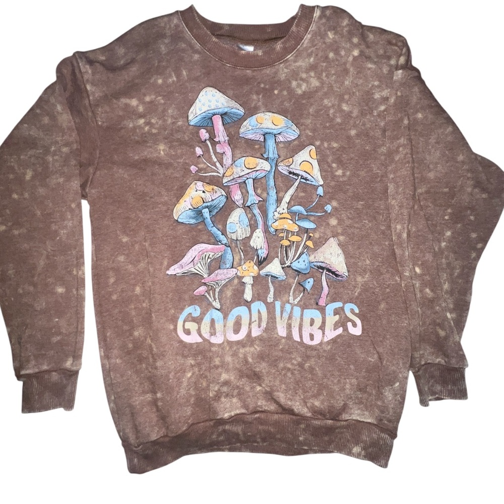 No Boundaries Brown Tie-Dye Sweater with Mushroom Print